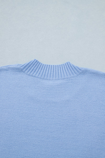Beau Blue Solid Color Ribbed Trim Round Neck Ruffle Short Sleeve Sweater