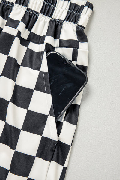 Black Checkered Print High Waist Casual Shorts