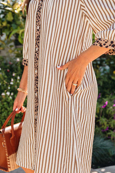 Khaki Stripe Square Button Leopard Trim Loose Bracelet Sleeve Shirt Dress