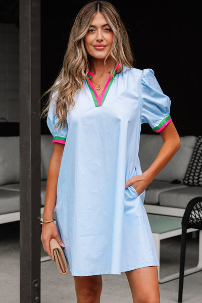 Myosotis Contrast Striped Notched V Neck Puff Sleeve Mini Dress