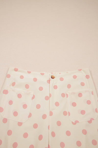 White Polka Dot Print Patched Pocket Loose Pants