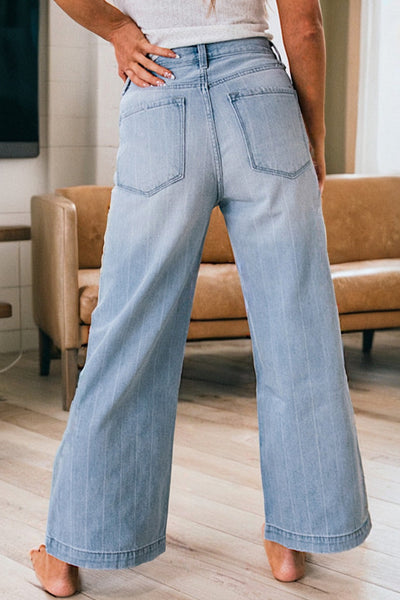 Beau Blue Multi Buttons Pinstripe Wide Leg Jeans