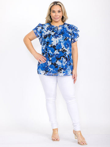 Floral full blues in ruffle top