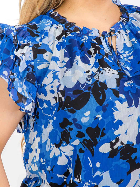 Floral full blues in ruffle top