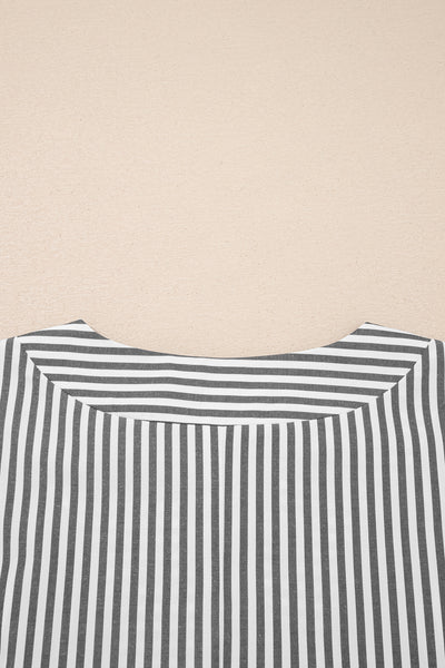 Black Stripe Plus Size V Neck Roll-tab Short Dolman Sleeve Blouse