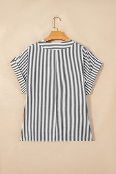 Black Stripe Plus Size V Neck Roll-tab Short Dolman Sleeve Blouse